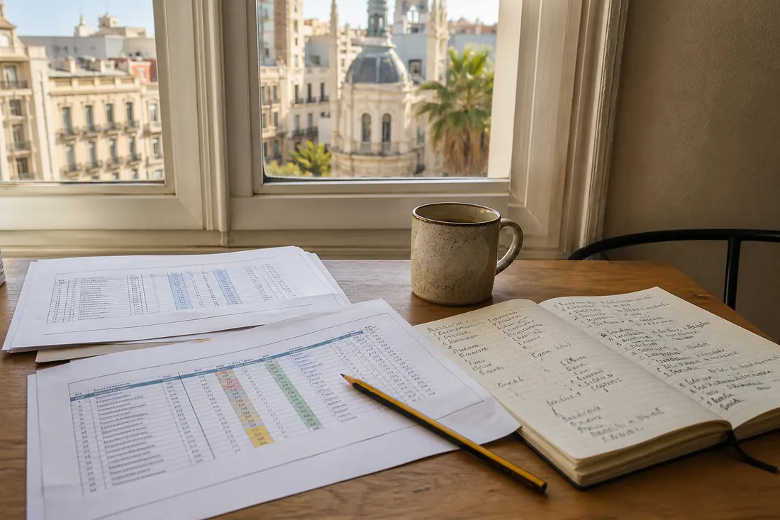 Wooden desk with printed league tables, a pencil, coffee and handwritten notes by a window