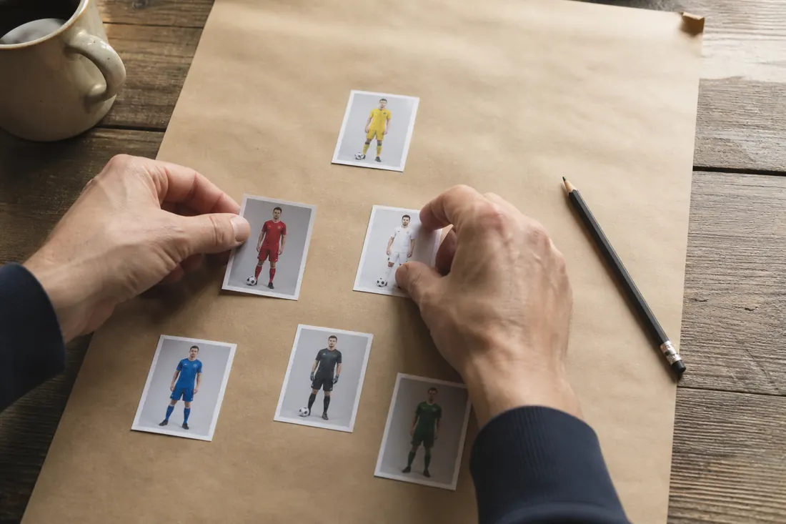 Hands arranging printed player cards on kraft paper next to a pencil