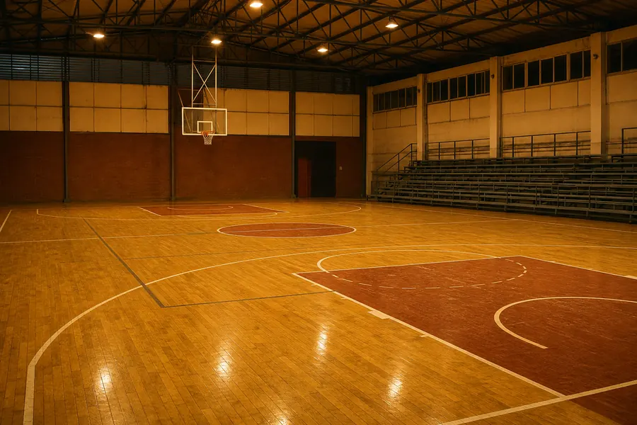 Empty indoor basketball court with honey wood floor and warm lights