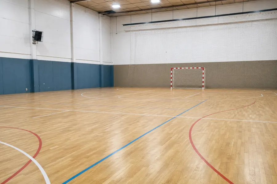 Empty indoor handball court with faded painted arcs